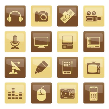 Medya ekipman simgelerinin üzerinde kahverengi zemin - vektör Icon set