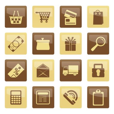 Online alışveriş simgelerinin üzerinde kahverengi zemin - vektör Icon set