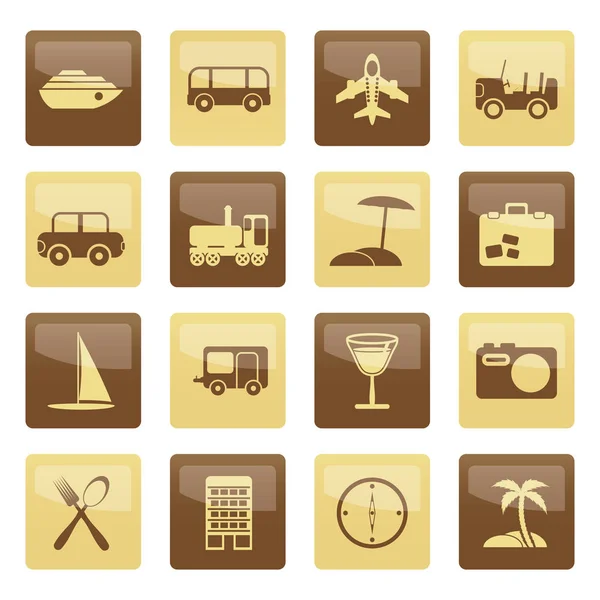 Vakantie Reizen Vervoer Toerisme Pictogrammen Bruine Achtergrond Vector Icon Set — Stockvector