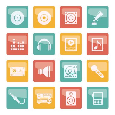Müzik ve ses simgelerinin üzerinde renkli arka plan - vektör Icon Set