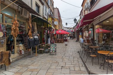 Skopje, Makedonya - 24 Şubat 2018: Eski ın Bazaarı (eski Pazar) şehir Üsküp, Makedonya Cumhuriyeti