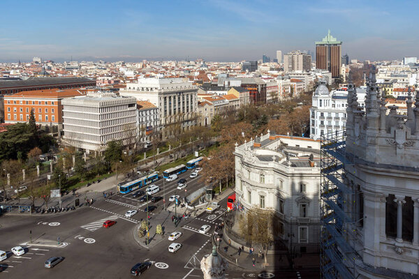 MADRID, SPAIN - JANUARY 24, 2018: Panoramic view from the terrace of Cybele Palace (Palacio de Cibeles), Madrid, Spain