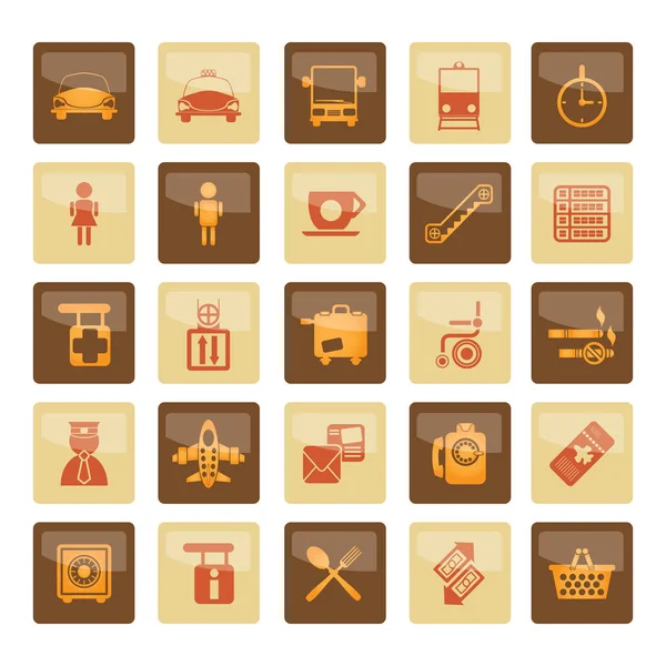 Pictogrammen Van Luchthaven Reizen Vervoer Bruine Achtergrond Vector Icon Set — Stockvector