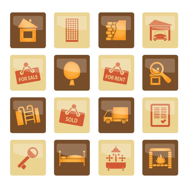 Iconos Inmobiliarios Sobre Fondo Marrón Set Iconos Vectoriales — Vector de stock