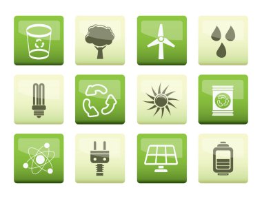 Ekoloji, enerji ve doğa simgelerinin üzerinde yeşil arka plan - vektör Icon Set