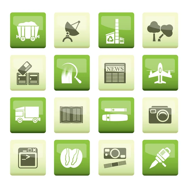 Bedrijfsleven Industrie Pictogrammen Groene Achtergrond Vector Icon Set — Stockvector