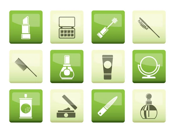 Schoonheid Cosmetica Make Pictogrammen Groene Achtergrond Vector Icon Set — Stockvector