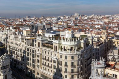 Madrid, İspanya - 24 Ocak 2018: Muhteşem panoramik şehir Madrid Circulo de Bellas Artes, İspanya'dan