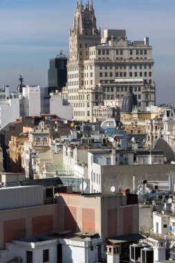 Madrid, İspanya - 24 Ocak 2018: Muhteşem panoramik şehir Madrid Circulo de Bellas Artes, İspanya'dan