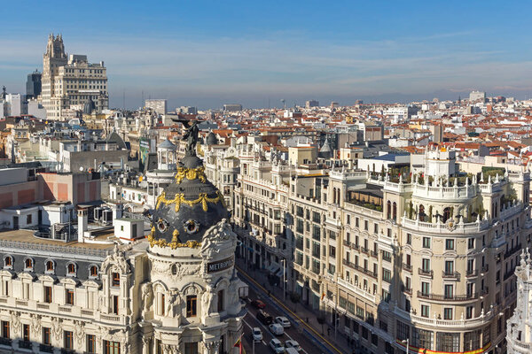 MADRID, SPAIN - JANUARY 24, 2018: Amazing Panoramic view of city of Madrid from Circulo de Bellas Artes, Spain