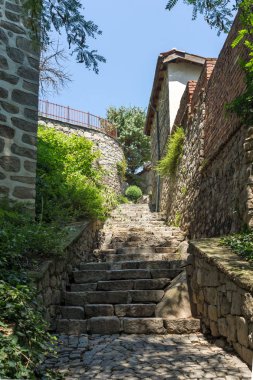 Plovdiv, Bulgaristan - 5 Temmuz 2018: Eski şehir şehir Plovdiv, Bulgaristan, tipik sokakta