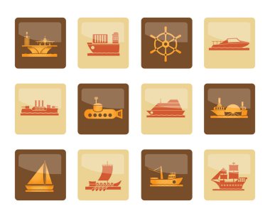 tekne ve gemi simgelerinin kahverengi zemin - vektör Icon set üzerinde farklı türleri