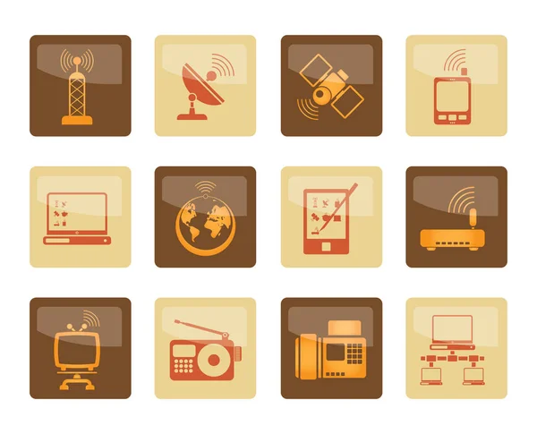 Communication Technology Icons Brown Background Vector Icon Set — Stock Vector