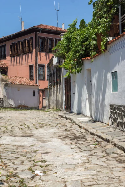 PLOVDIV, BULGARIA - JULY 5, 2018: Typical street and houses from the period of Bulgarian revival in old town of  city of Plovdiv, Bulgaria