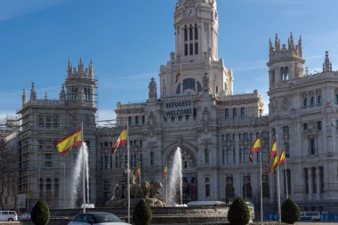 Madrid, İspanya - 24 Ocak 2018: Palace Cibeles Cibeles Meydanı Madrid şehir, İspanya