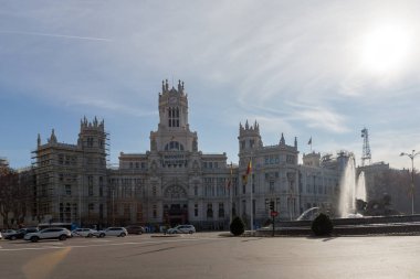 Madrid, İspanya - 24 Ocak 2018: Palace Cibeles Cibeles Meydanı Madrid şehir, İspanya