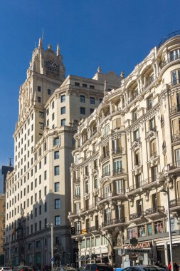 Madrid, İspanya - 24 Ocak 2018: Madrid şehir, İspanya ortasına tipik bina