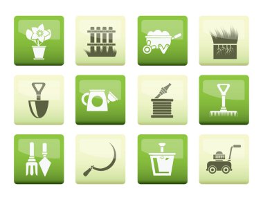 Bahçe ve Bahçe Araçları simgelerinin üzerinde renk arka plan - vektör Icon set