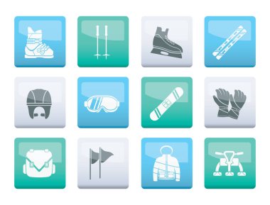 Kayak ve snowboard ekipman simgelerinin üzerinde renk arka plan - vektör Icon set