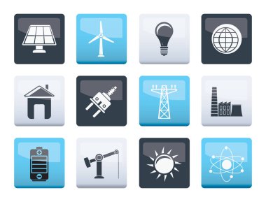 güç, enerji ve elektrik simgelerinin üzerinde renk arka plan - vektör Icon set