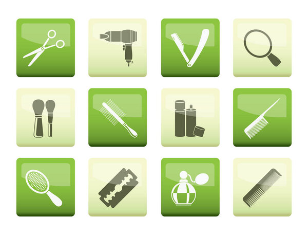 Cosmetic, make up and hairdressing icons over color background - vector icon set