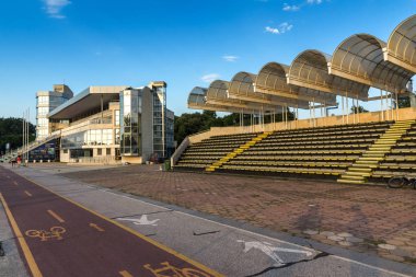 Plovdiv, Bulgaristan-5 Temmuz 2018: kürek mekan günbatımı Panorama City, Plovdiv, Bulgaristan