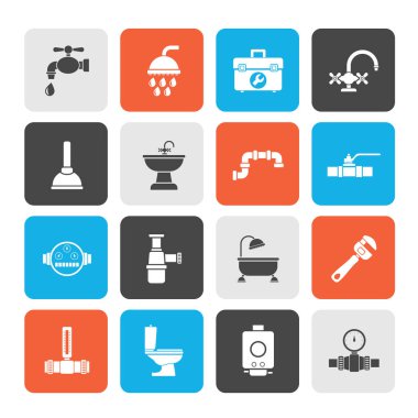 Sıhhi tesisat nesneleri ve araçları ekipmanları simgeler - vektör Icon set