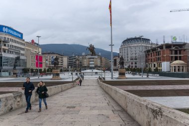 Skopje, Makedonya - 24 Şubat 2018: Panoramik şehir Üsküp, Makedonya Cumhuriyeti Merkezi