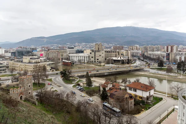 Skopje Republika Macedonii Lutego 2018 Panorama Miasta Skopje Twierdzy Twierdza — Zdjęcie stockowe