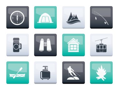 seyahat, turizm, tatil ve dağ nesnelerin renk arka plan - vektör çizim üzerine