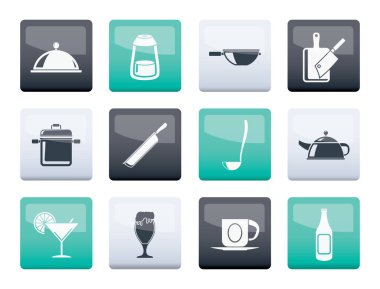 Restoran, Cafe, gıda ve içecek simgelerinin üzerinde renk arka plan - vektör Icon set