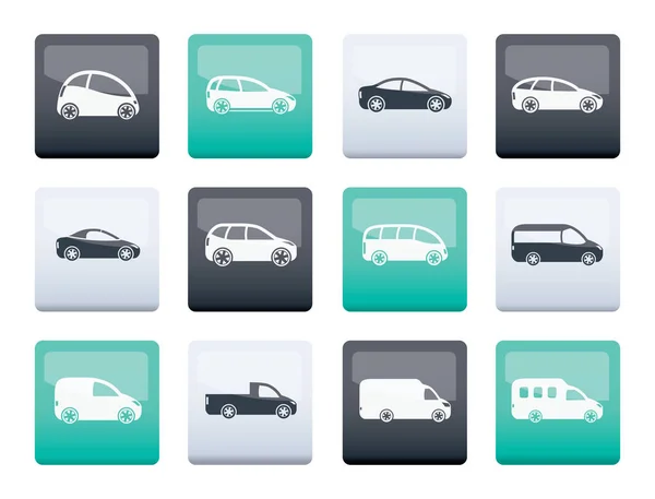 Diversi Tipi Auto Icone Sfondo Colori Set Icone Vettoriali — Vettoriale Stock