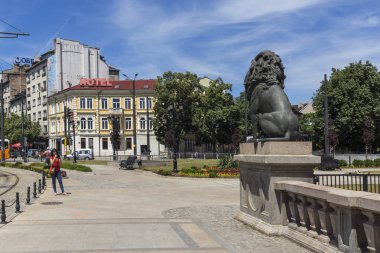 Sofia, Bulgaristan - 31 Mayıs 2018: Panoramik aslanın köprüden Vladaya nehir, Sofia, Bulgaristan