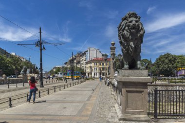 Sofia, Bulgaristan - 31 Mayıs 2018: Panoramik aslanın köprüden Vladaya nehir, Sofia, Bulgaristan