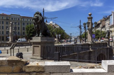 Sofia, Bulgaristan - 31 Mayıs 2018: Panoramik aslanın köprüden Vladaya nehir, Sofia, Bulgaristan