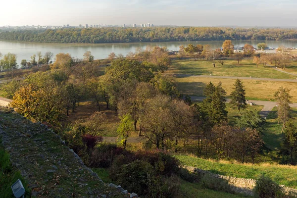 Belgrad Serbien November 2018 Solnedgång Panoramautsikt Över Belgrad Fästning Kalemegdan — Stockfoto