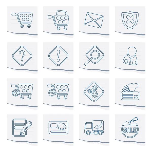 Online Shop Icons Auf Einem Stück Papier Vektor Icon Set — Stockvektor