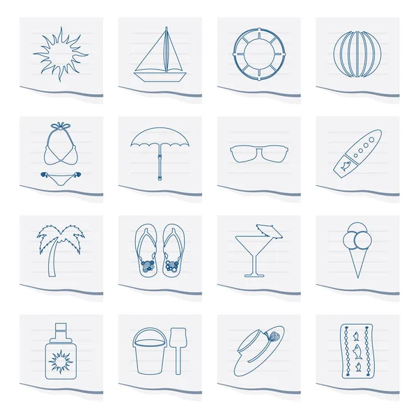 Sommer Und Urlaubssymbole Auf Einem Blatt Papier Vektor Icon Set — Stockvektor