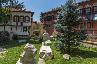 Plovdiv, Bulgaristan - 5 Temmuz 2018: On dokuzuncu yüzyılda evlerde mimari ve tarihi eski şehir şehir Plovdiv, Bulgaristan rezerv