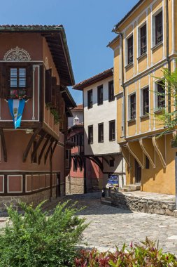 Plovdiv, Bulgaristan - 5 Temmuz 2018: On dokuzuncu yüzyılda evlerde mimari ve tarihi eski şehir şehir Plovdiv, Bulgaristan rezerv