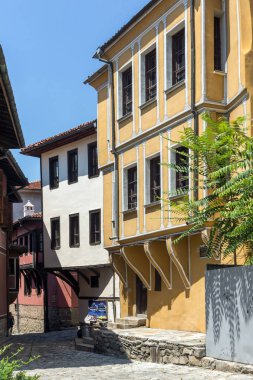 Plovdiv, Bulgaristan - 5 Temmuz 2018: On dokuzuncu yüzyılda evlerde mimari ve tarihi eski şehir şehir Plovdiv, Bulgaristan rezerv