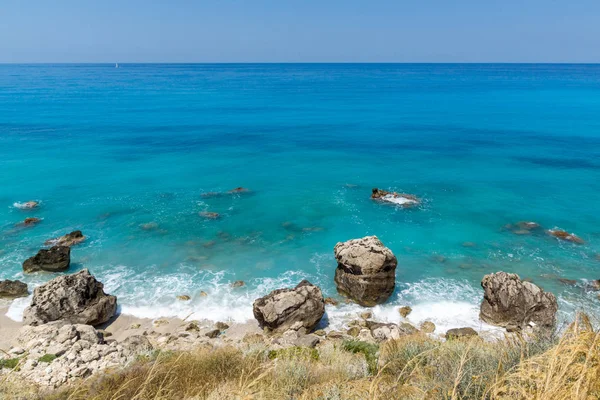 Paysage Marin Incroyable Kokkinos Plage Vrachos Avec Eaux Bleues Leucade — Photo