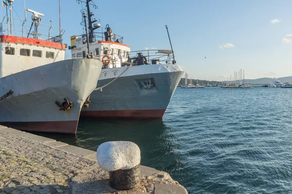 Sozopol Bulgaria Agosto 2018 Puesta Sol Con Barco Puerto Sozopol — Foto de Stock