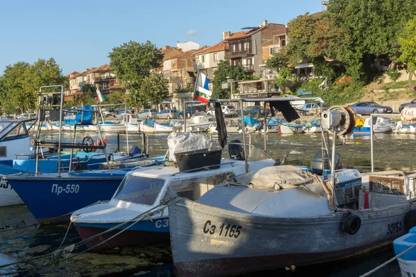 Sozopol Bulgaria August 2018 Sonnenuntergang Mit Boot Hafen Von Sozopol — Stockfoto