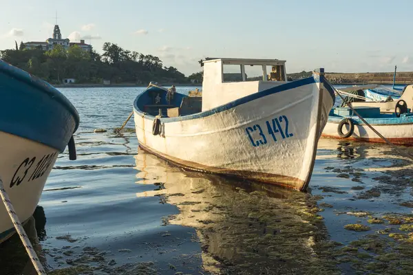 Sozopol, Bulgaristan - 9 Ağustos 2018: Süzebolu bağlantı noktası, Burgaz bölge, Bulgaristan teknesi Sunset deniz manzarası