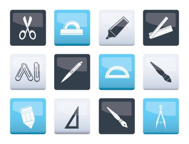 renk arka plan-vektör simgesi üzerinde okul ve ofis araçları Icons set