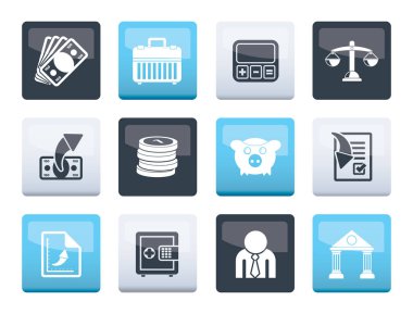 Banka, iş ve finans simgelerinin üzerinde renk arka plan - vektör Icon set