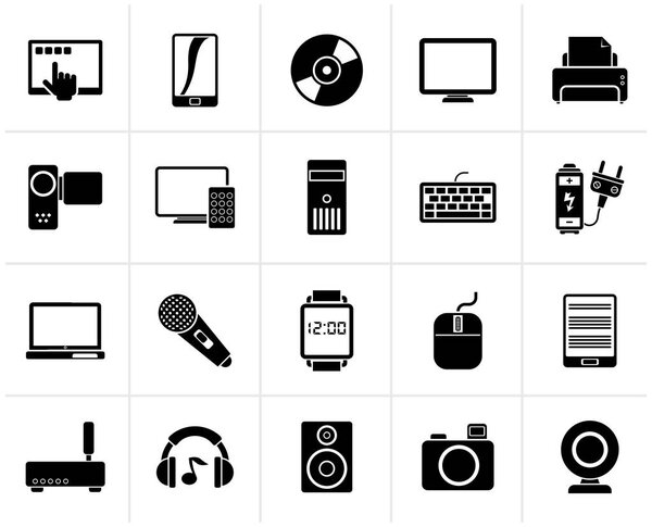 Black home electronics and personal multimedia devices icons - vector icon set