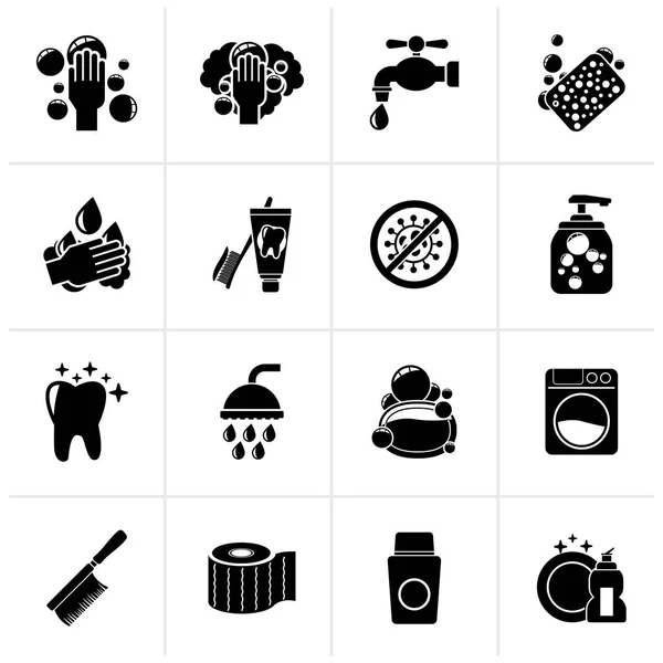 Iconos Limpieza Higiene Negro Conjunto Iconos Vectoriales — Vector de stock