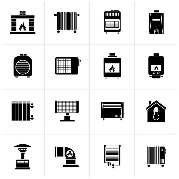 Zwarte Home Verwarming Toestellen Pictogrammen Vector Icon Set — Stockvector